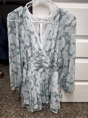 Altar’d State Sage Green Floral V-Neck Long Sleeve Romper